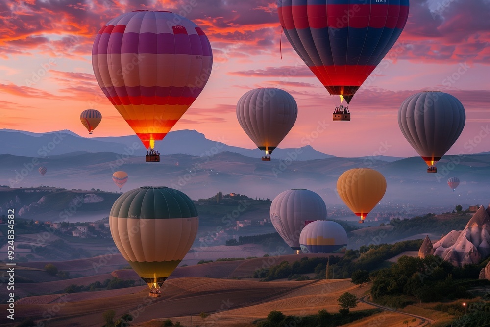 Obraz premium A kaleidoscope of colorful hot air balloons floating over a picturesque valley at dawn.