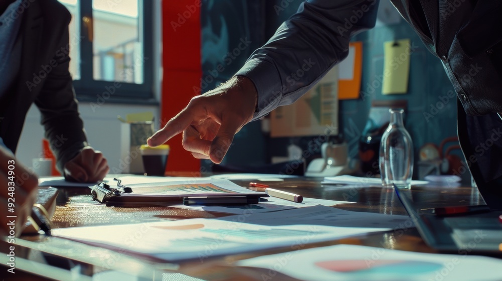 close-up of a business meeting in progress, with hands pointing to documents spread on a table, symbolizing decision-making, teamwork, and strategy close-up of a business meeting in progress, with hands pointing to documents spread on a table, symbolizing decision-making, teamwork, and strategy