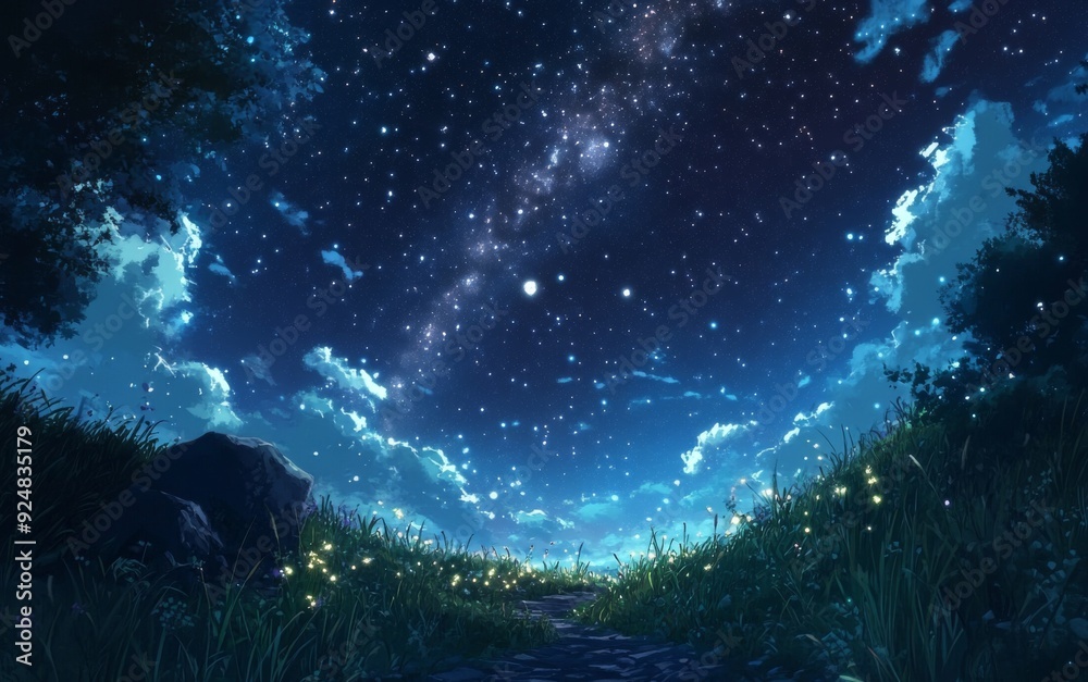 Obraz premium Starry Anime Sky: A Celestial Canvas Where Dreams Touch the Stars, Sparkling with Reachable Constellations in a Fantasy Night, storybook illustrations, comic strips, book illustrations and picture