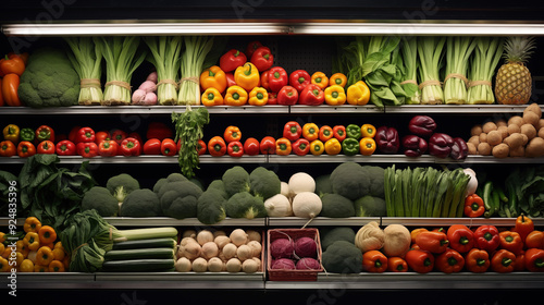 Display of fruit and vegetables. Various types of fresh vegetables. Shelf with fruits in food supermarket. Display of fruit and vegetables.