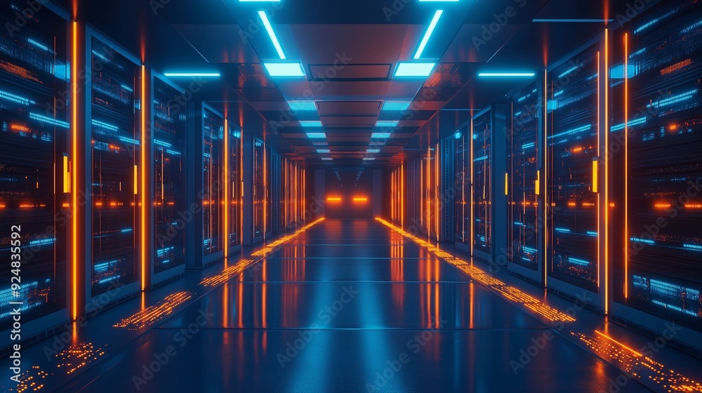 Obraz premium Futuristic Data Center with Glowing Server Racks.