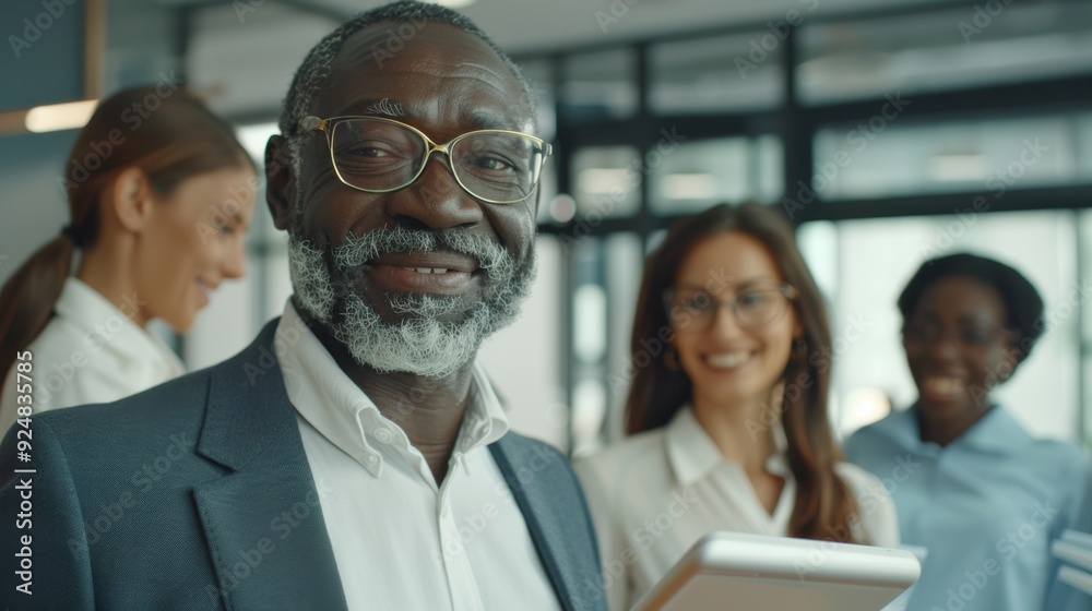 Portrait of an older man smiling confidently, surrounded by a diverse team in a professional office environment Portrait of an older man smiling confidently, surrounded by a diverse team in a professional office environment