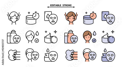 Skin care icons set vector illustration. Editable stroke. Makeup removal and skin care icons set