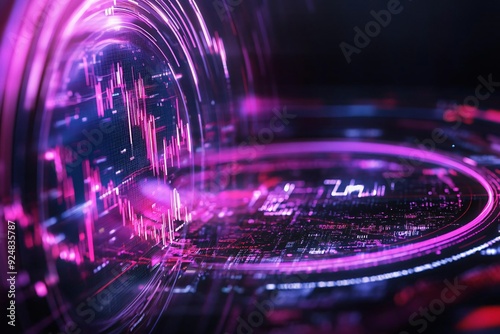 Abstract digital design featuring vibrant purple and pink colors, representing technology and data visualization in a futuristic style. photo