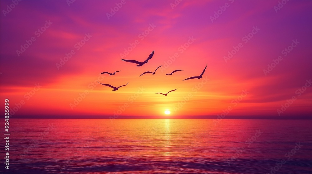 Fototapeta premium A group of seagulls gracefully flying over the calm ocean during a vivid, colorful sunset with hues of purple and orange.
