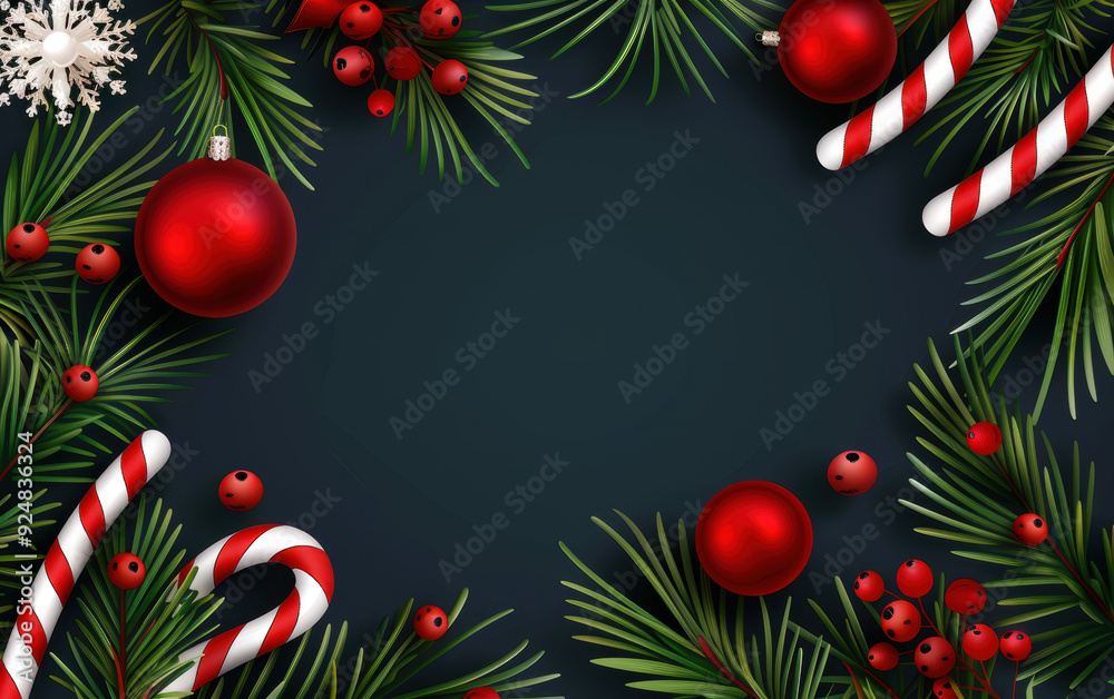 A black background with red and white striped candy cane and red A black background with red and white striped candy cane and red