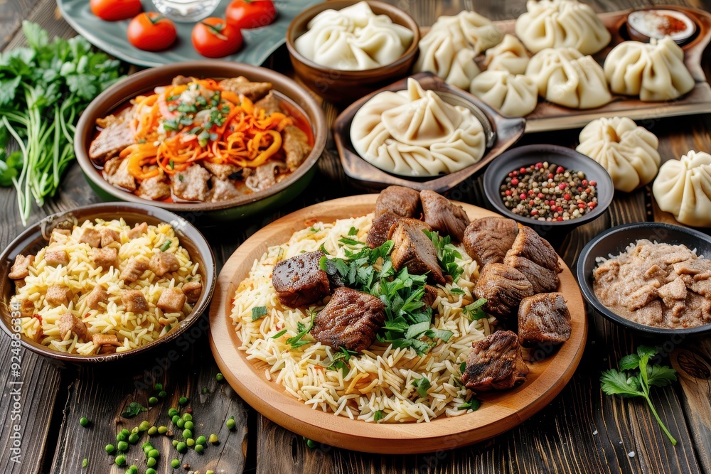 Various Uzbek dishes served at a restaurant with a traditional concept Homemade Pilaf on wood table Various Uzbek dishes served at a restaurant with a traditional concept Homemade Pilaf on wood table