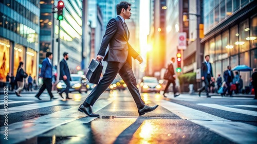 A businessman in a suit crosses a busy city street during rush hour, symbolizing urban life and professional hustle.