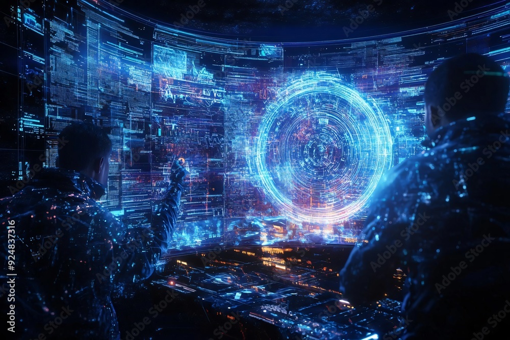 Futuristic digital interface with two figures interacting with glowing holographic technology in a high-tech environment. Futuristic digital interface with two figures interacting with glowing holographic technology in a high-tech environment.