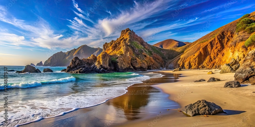 Obraz premium Colorful sand and scattered rocks on Pfeiffer Beach in Big Sur, California, Pfeiffer Beach, Big Sur, California, colorful
