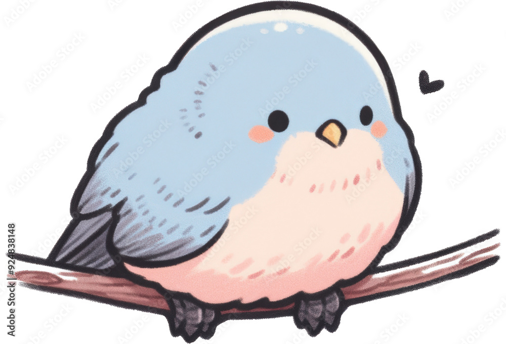 A cute cartoon bird with light blue and pink feathers perched on a branch, looking up and to the right, with a small heart drawn in the corner. A cute cartoon bird with light blue and pink feathers perched on a branch, looking up and to the right, with a small heart drawn in the corner.