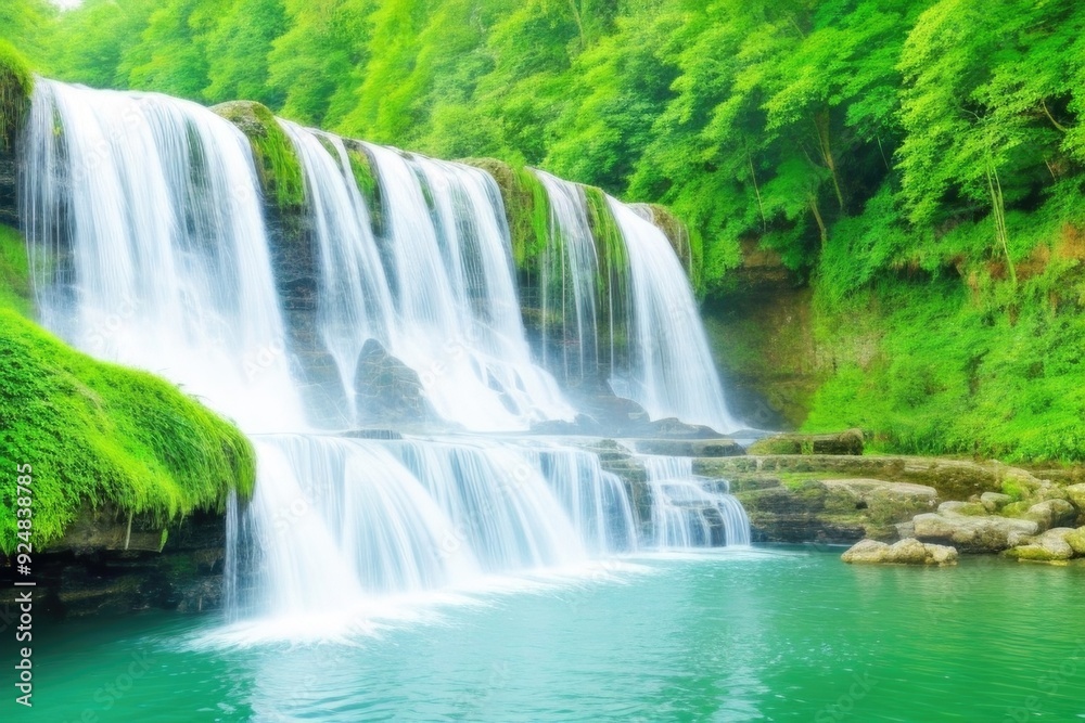 waterfall with green leaves, moss, and trees waterfall with green leaves, moss, and trees