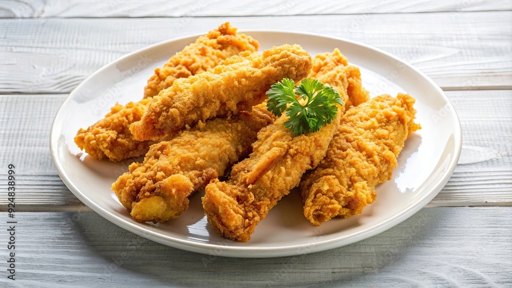 Crispy and golden chicken tenders on a white plate , Fried, breaded, delicious, appetizer, snack, meal, chicken strips Crispy and golden chicken tenders on a white plate , Fried, breaded, delicious, appetizer, snack, meal, chicken strips