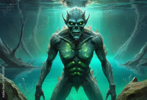 aquatic draugr slowly emerges from the depths of a murky