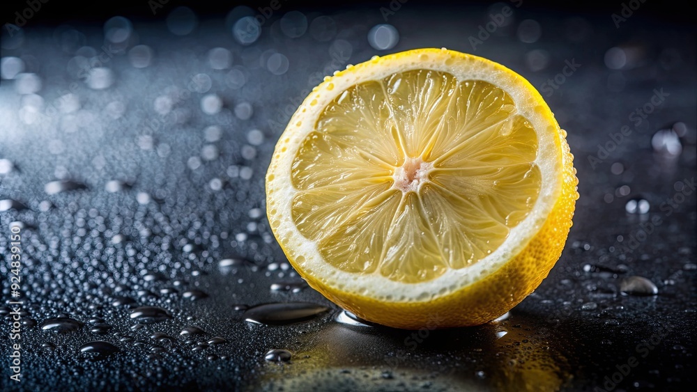 Fresh lemon fruit covered in water drops, cut in half, placed on a dark background, lemon, fruit, water drops, fresh, sliced, half Fresh lemon fruit covered in water drops, cut in half, placed on a dark background, lemon, fruit, water drops, fresh, sliced, half