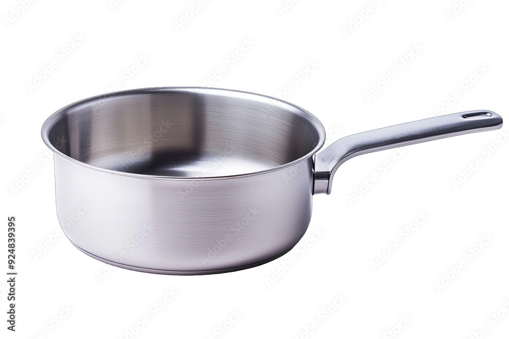 A shiny stainless steel saucepan with a long handle, perfect for cooking and simmering various dishes in the kitchen. A shiny stainless steel saucepan with a long handle, perfect for cooking and simmering various dishes in the kitchen.