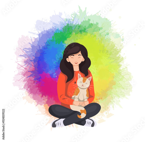 Vector flat illustration of a volunteer girl with a cat on rainbow watercolor splashes. Adoption and rescue of homeless animals. Veterinary medicine