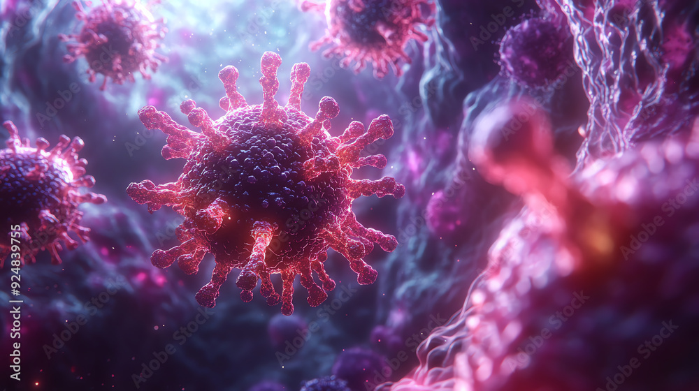 A vibrant, close-up view of virus particles in a microscopic setting, showcasing intricate details and colors. A vibrant, close-up view of virus particles in a microscopic setting, showcasing intricate details and colors.