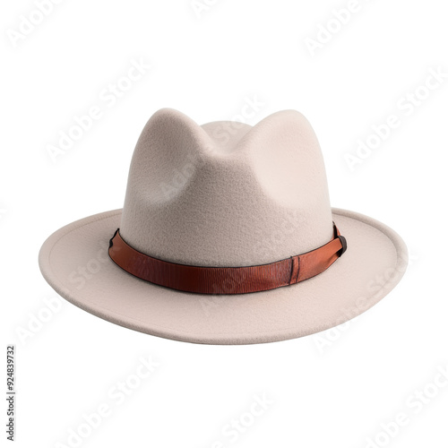 Classic white fedora hat with a brown leather band, perfect for formal and casual styles, suitable for men and women. photo