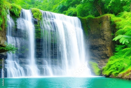 waterfall with green leaves, moss, and trees