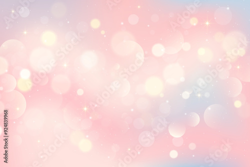 Light bokeh background. Abstract beige texture with soft glitter. Blurred pink and blue gradient with golden glow. Pastel elegant backdrop with neutral gradation for banner and invitation. Vector