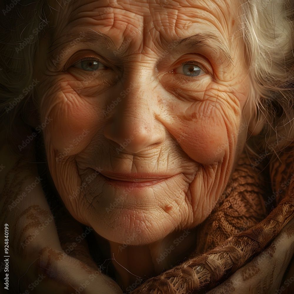 Lifelike portrait of an elderly woman with warm lighting and soft background Lifelike portrait of an elderly woman with warm lighting and soft background