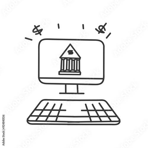 hand drawn doodle bank building on computer laptop or mobile phone illustration