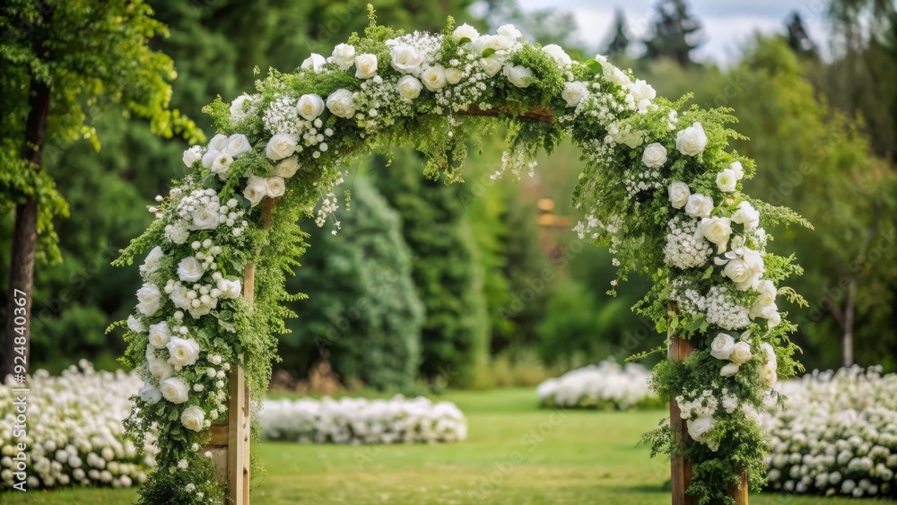 Obraz premium Delicate white flowers and lush greenery adorn a picturesque wedding arch, creating a romantic and intimate ambiance for a perfect outdoor ceremony setting.