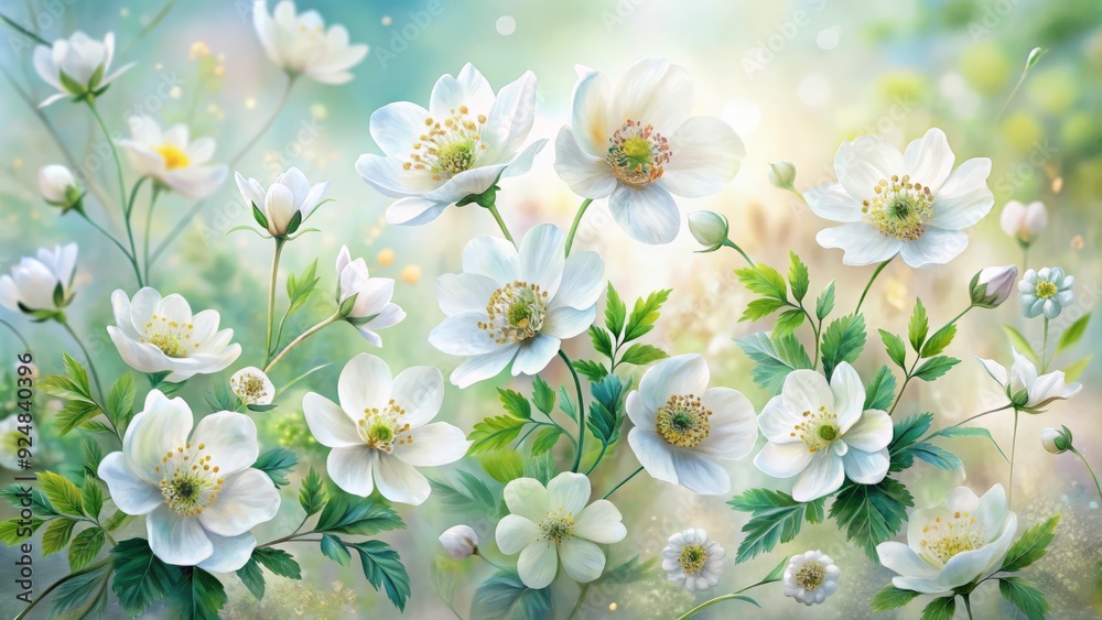Delicate white flowers blooming in whimsical watercolor hues, surrounded by soft greenery and subtle texture, evoking a sense of serene elegance and gentle beauty. Delicate white flowers blooming in whimsical watercolor hues, surrounded by soft greenery and subtle texture, evoking a sense of serene elegance and gentle beauty.