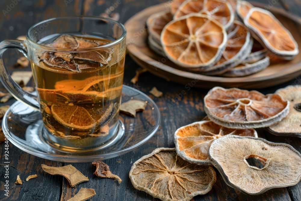 Dried herbs and bael fruit Close up of dried bael and tea bael juice on wooden floor bael slices on dark table Dried herbs and bael fruit Close up of dried bael and tea bael juice on wooden floor bael slices on dark table