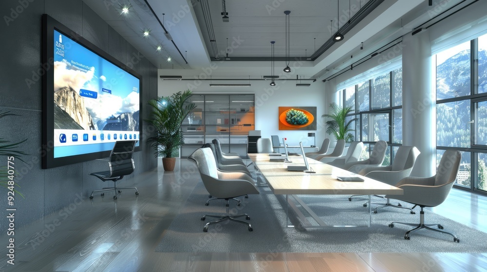 Obraz premium A modern office conference room with a large interactive touchscreen display, comfortable seating, and a table set up for a productive meeting.