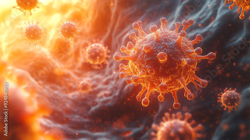 Detailed 3D rendering of virus particles in a colorful environment, showcasing biological complexity and microscopic beauty.