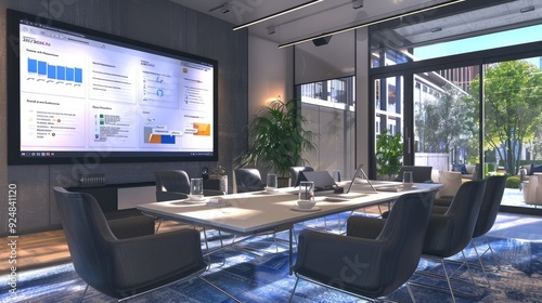 A modern office conference room with a large interactive touchscreen display, comfortable seating, and a table set up for a productive meeting.