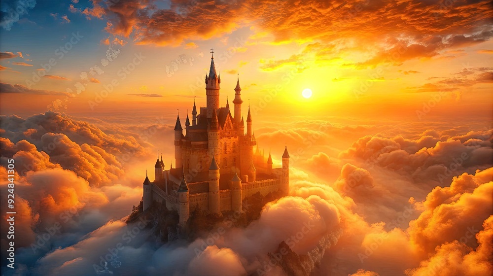 Naklejka premium A stunning castle floating above the clouds at sunset, creating a magical and enchanting scene.
