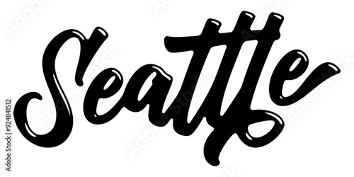 Seattle city name written in street art-style liquid brush script lettering