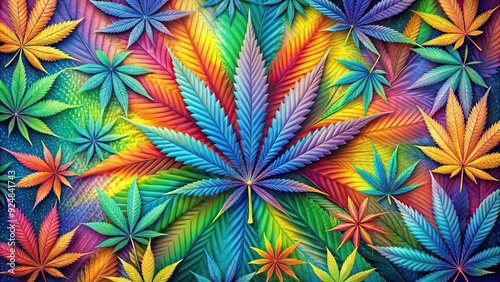 Colorful psychedelic background with vibrant cannabis and hemp leaves for a hallucinogenic 420 day celebration