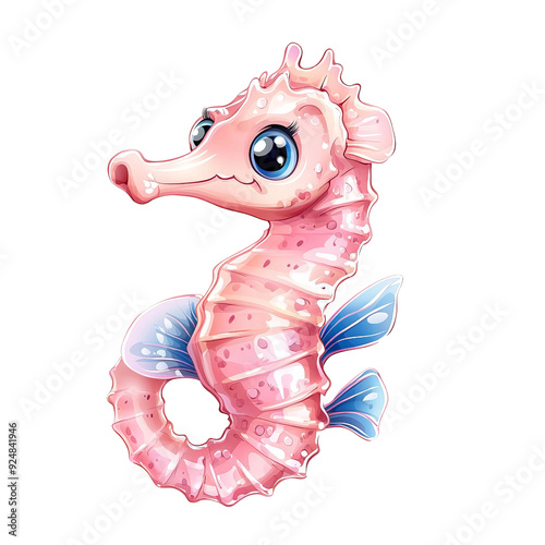 Cute pink seahorse illustration with big eyes, perfect for children's decor, educational materials, or ocean-themed designs. photo