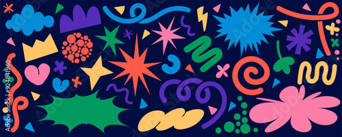 Organic doodle shapes. Abstract vector graphic stickers. Fun modern design elements. Cute clouds star flowers hand drawn geometric forms. Cartoon playful groovy scribbles. Trendy kids naive collage