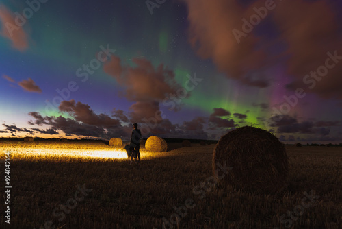Canvastavla Nature of Estonia, night scene, a man with a husky dog ​​in a field with sheaves of hay under the starry sky during the northern lights