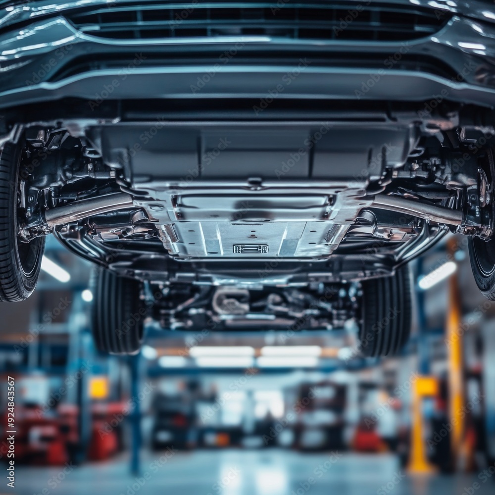 Obraz premium Up-Close Look at a Car's Undercarriage Elevated by a Hydraulic System for Modern Workshop Maintenance.