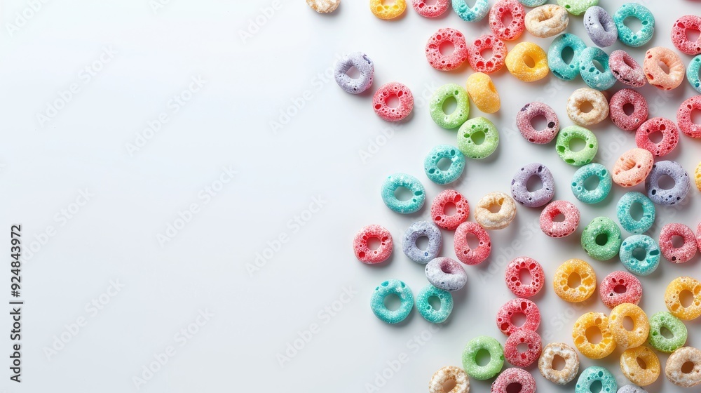 Colorful breakfast cereal from a high angle on a white backdrop Colorful breakfast cereal from a high angle on a white backdrop