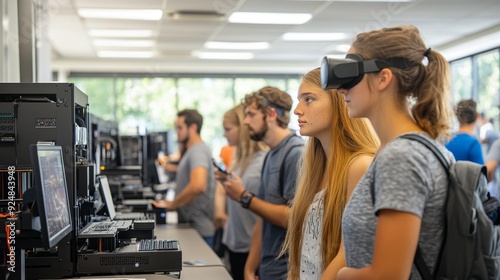 Young woman using VR headset