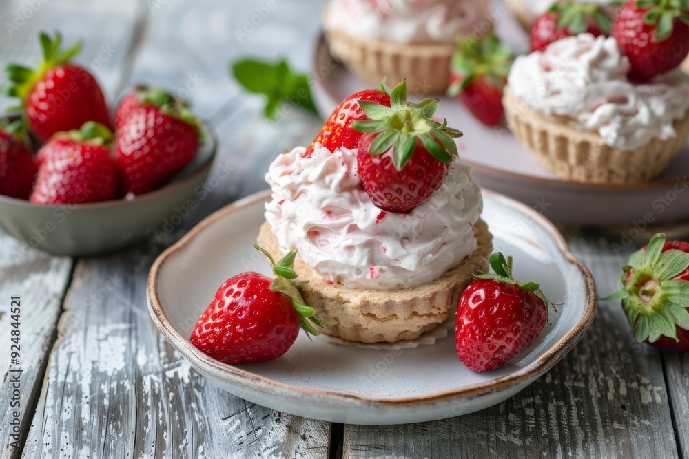 Small strawberry cake with whipped cream is sitting on a plate, with more cakes and strawberries in the background Small strawberry cake with whipped cream is sitting on a plate, with more cakes and strawberries in the background
