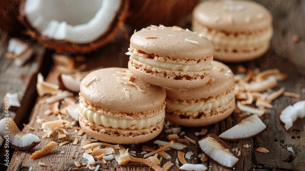 Coconut shell macarons on wooden backdrop Coconut shell macarons on wooden backdrop