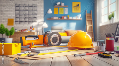 Fototapeta Naklejka Na Ścianę i Meble -   3D render mock-up illustrating the interior design concept of a contractor’s workspace. 