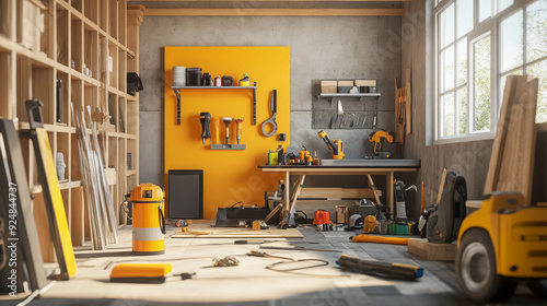 Fototapeta Naklejka Na Ścianę i Meble -   3D render mock-up illustrating the interior design concept of a contractor’s workspace. 