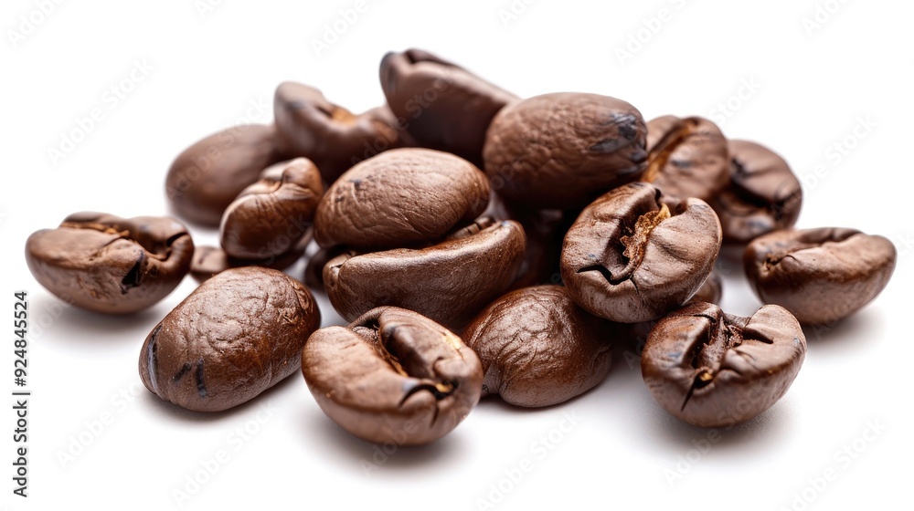 Coffee beans roasted against a white backdrop Coffee beans roasted against a white backdrop
