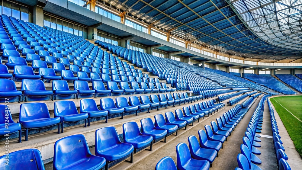 Fototapeta premium Empty soccer stadium with rows of blue chairs, awaiting the return of football , sports, soccer, stadium, empty, blue