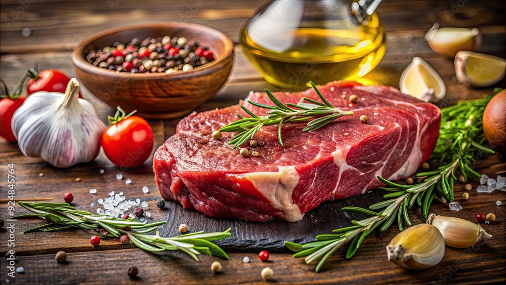 Closeup of raw beef steak with ingredients for cooking, beef, raw, steak, meat, cooking, ingredients, marinate, seasoning Closeup of raw beef steak with ingredients for cooking, beef, raw, steak, meat, cooking, ingredients, marinate, seasoning