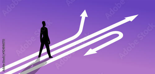 Man making decision what path, direction to take. Arrows pointing in different directions